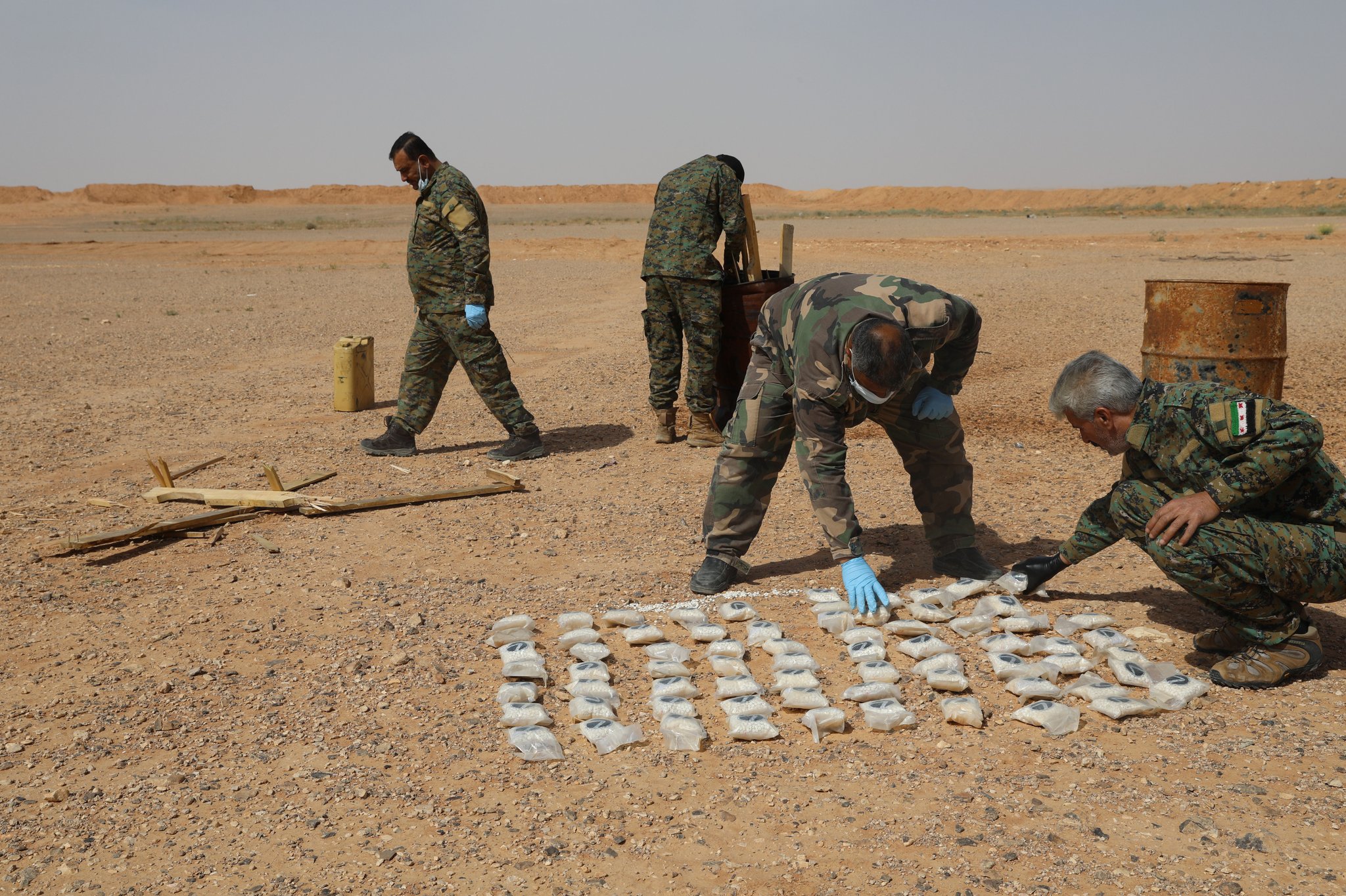 The Free Syrian Army at al-Tanf confiscates a shipment of Captagon pills bound for Jordan on 7 May, 2023. (Source Telegram)