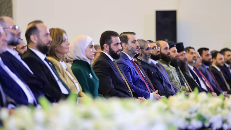 Interim President Ahmad al-Sharaa joins several Syrian ministers at the launch of Syria’s new visual identity, 4 July 2025. (Photo: SyPresidencyl Twitter/X)