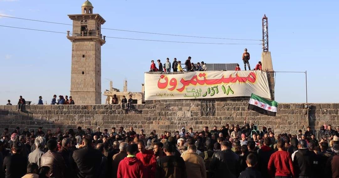 Over 500 people turned out in Daraa al-Balad the evening of 18th March to commemorate the uprising's anniversary. Massive demonstrations also took place in Suwayda, where civilians demanded the release of detainees and Iran’s expulsion from the country. (Photos: Etana, Telegram)