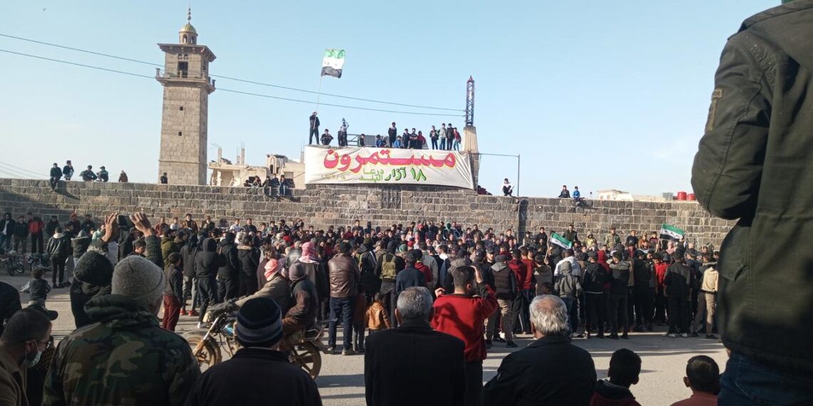 Over 500 people turned out in Daraa al-Balad the evening of 18th March to commemorate the uprising's anniversary. Massive demonstrations also took place in Suwayda, where civilians demanded the release of detainees and Iran’s expulsion from the country. (Photos: Etana, Telegram)