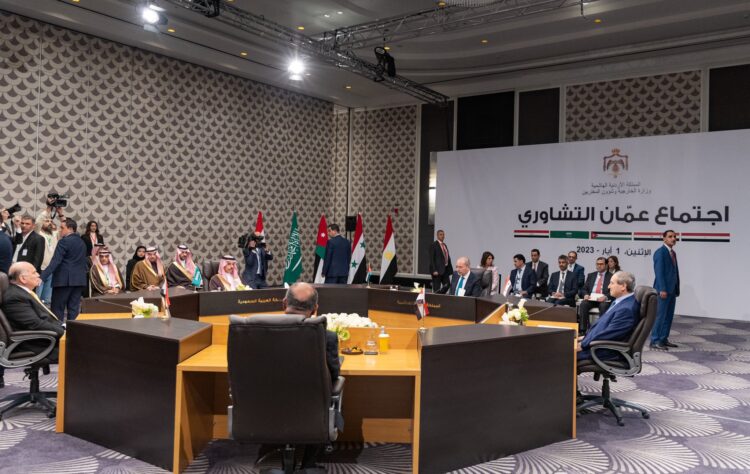 The foreign ministers for Syria, Jordan, Egypt, Iraq and Saudi Arabia attend the Amman Consultative Meeting on 1 May 2023. (Photo: Ministry of Foreign Affairs of the Kingdom of Saudi Arabia, Twitter/X)